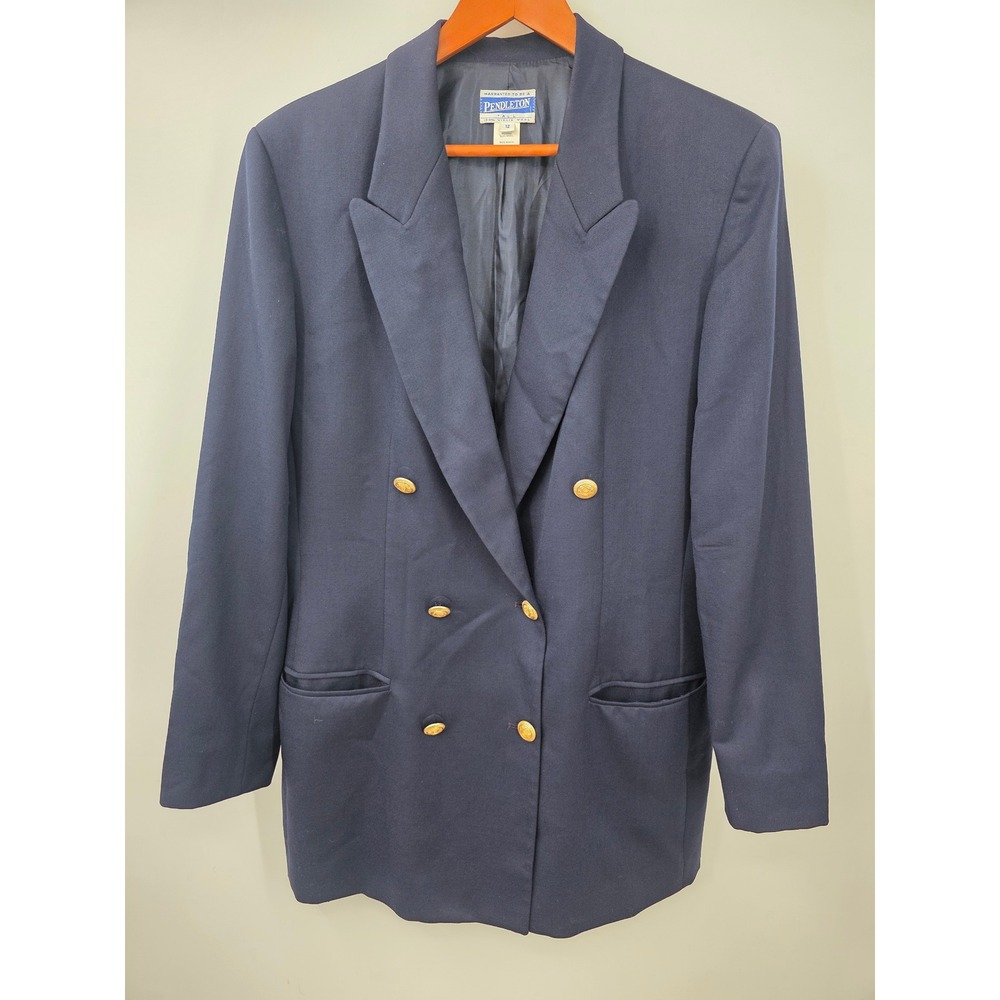Pendleton Vintage Navy Blue Virgin Wool Double Breasted Blazer Jacket 12 Tall